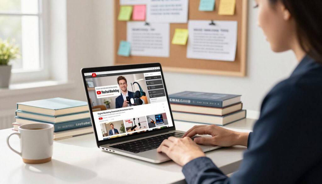 A bright and modern workspace featuring a confident individual, dressed in professional business attire, sitting in front of a sleek laptop that displays a YouTube video layout. In the foreground, a close-up of the laptop's screen shows a vibrant thumbnail of an unboxing video for a tech product related to affiliate marketing, with engaging visuals. The middle ground includes stacked books about digital marketing and affiliate strategies, neatly arranged alongside a stylish coffee mug. The background is filled with a colorful bulletin board showcasing marketing tips and strategies, adorned with post-it notes. Soft natural light streams in from a nearby window, creating a warm, inviting atmosphere. The overall mood evokes motivation and creativity, perfectly suiting the theme of generating traffic through engaging YouTube reviews.