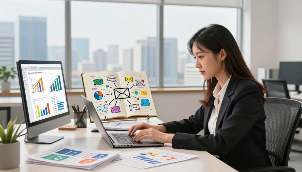 A modern office environment with a sleek desk cluttered with digital marketing materials and affiliate product brochures. In the foreground, a professional woman in smart business attire is intently working on a laptop, surrounded by vibrant charts and graphs depicting email marketing strategies. The middle section of the image features an open notebook showcasing a colorful mind map of email marketing ideas. The background displays a bright, airy window with views of a city skyline, contributing to a productive atmosphere. The lighting is warm and inviting, highlighting the focus on creativity and strategy. The overall mood is energetic, filled with a sense of motivation and business acumen.