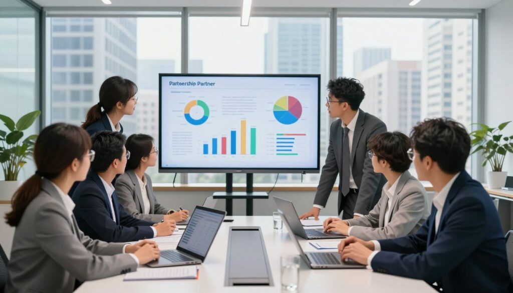 A modern office setting focusing on effective channel partner management. In the foreground, a diverse group of professionals in smart business attire engage in a collaborative discussion around a sleek conference table, analyzing data on a laptop. In the middle, a large screen displays colorful charts and graphs representing partnership performance metrics. In the background, large windows allow natural light to flood the space, showcasing a bustling city skyline. The atmosphere is vibrant and productive, capturing the essence of teamwork and strategic planning. The lighting is bright and even, emphasizing the professional environment and fostering a sense of motivation and success.