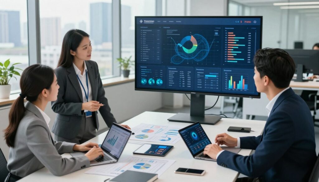 A modern office space designed for collaboration, foreground featuring a diverse team of four professionals—two men and two women—dressed in smart business attire, engaged in a lively discussion around a digital impact dashboard displayed on a large screen. In the middle ground, a sleek table is covered with charts, graphs, and tablets showing data analytics. The background reveals large windows with a city skyline, immersing the scene in natural light, creating an inspiring and optimistic atmosphere. Use a slightly elevated angle to capture the interactions clearly, highlighting the integration of technology and teamwork. The overall mood is energetic and focused, emphasizing the importance of integrating impact into daily operations.