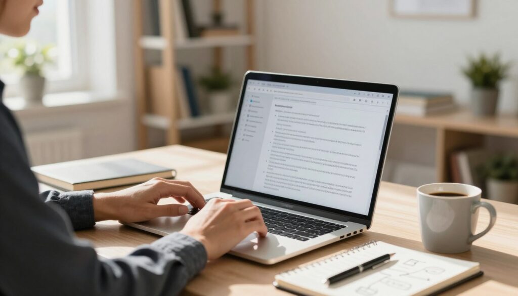 A professional individual sitting at a modern desk, deeply engaged in writing a reflective blog post on a laptop. The foreground features a close-up of their hands typing, with various personal items like a coffee mug and a notepad filled with ideas. In the middle, the laptop screen displays outlines and bullet points about personal experiences. In the background, a bright, well-lit room with shelves filled with books and plants creates a warm, inviting atmosphere. Soft natural light pours in from a window, casting gentle shadows and enhancing a thoughtful mood. The person is dressed in smart casual attire, exuding professionalism and sincerity. Focused composition with a slight depth of field emphasizes the writing process and personal connection to the subject.