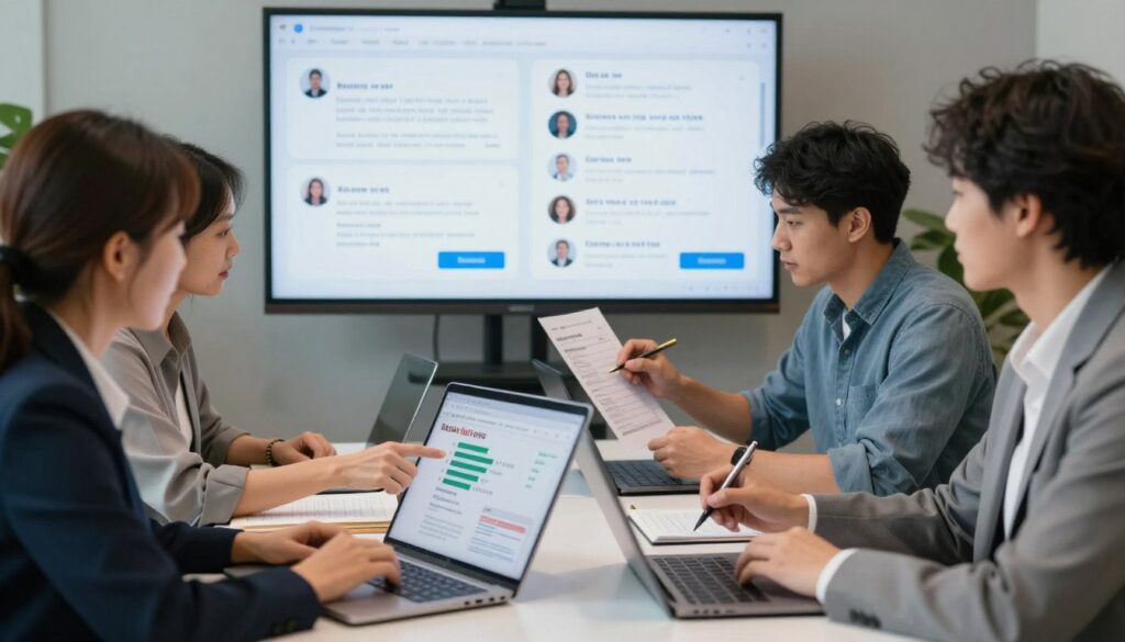A professional office setting depicting a diverse group of individuals gathered around a large table, analyzing various online reviews on laptops and tablets. In the foreground, a middle-aged woman in business attire points to a graph highlighting the difference between authentic and fake reviews. The middle ground features a younger man wearing smart casual clothes taking notes while examining a list of warning signs against fake reviews. The background shows a large screen displaying a visual comparison of genuine versus misleading reviews, with soft, focused lighting creating a productive atmosphere. The image conveys a mood of vigilance and collaboration, emphasizing the importance of trust and integrity in online reviews.