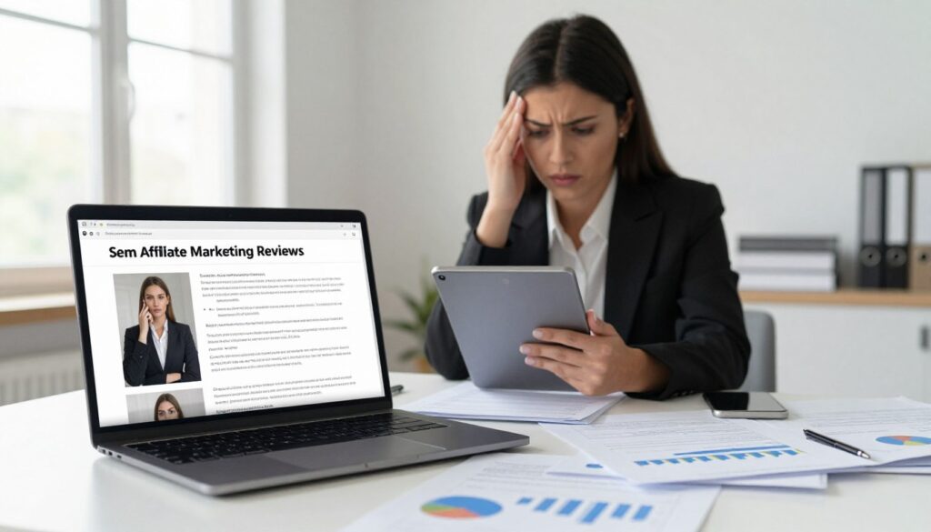 A professional workspace illustrating common mistakes to avoid in affiliate marketing reviews. In the foreground, a cluttered desk features a laptop displaying a poorly written affiliate review with awkward phrasing and unclear images. Scattered around are crumpled papers illustrating outdated statistics and non-engaging content. In the middle ground, a thoughtful businesswoman in professional attire examines a checklist on her tablet, looking concerned about the mistakes. The background features a window with natural light pouring in, brightening the environment and adding a sense of clarity. Soft focus on the background highlights the need for a clearer approach in affiliate marketing. The overall mood is one of urgency and determination to improve, with a hint of professionalism and organization.