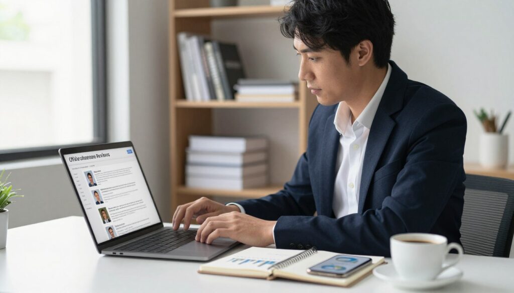 A serene workspace scene featuring a professional-looking individual, dressed in business attire, intently reviewing a laptop screen filled with affiliate product reviews. In the foreground, a neatly arranged desk with a notepad, a cup of coffee, and a smartphone displaying graphs and statistics. The middle ground showcases the individual’s focused expression, illuminated by soft, natural light from a nearby window, highlighting the importance of credibility in writing. In the background, a bookshelf filled with marketing books and materials, suggesting expertise and knowledge. The overall atmosphere is calm and focused, emphasizing professionalism and trustworthiness, with a slight depth of field to draw attention to the subject while softly blurring the background. The scene conveys a sense of dedication to creating reliable and high-quality affiliate reviews.