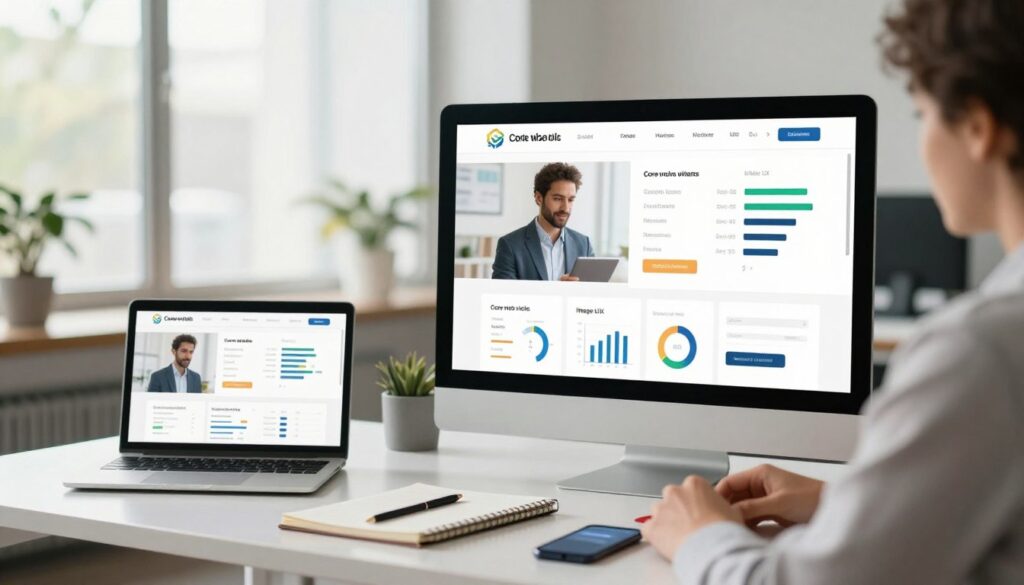 A sleek and modern affiliate review platform interface displayed on a large, sharp monitor in an office setting. In the foreground, a well-dressed professional in business attire intently reviews site analytics, surrounded by floating charts and graphs representing core web vitals, mobile UX, and image optimization metrics. The middle ground features a stylish desk with a laptop open to an affiliate review website, alongside notepads and a smartphone emphasizing mobile optimization. The background shows a bright, airy office space with large windows indicating a sunny day, creating a vibrant and inspiring atmosphere. Soft, natural lighting enhances the professional mood, while a subtle bokeh effect adds depth to the image.