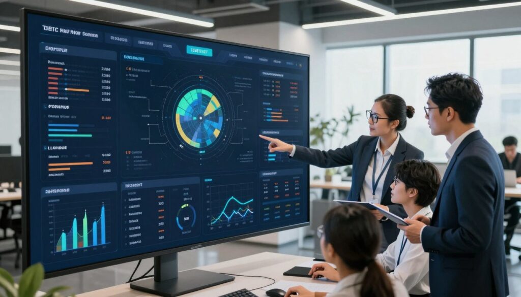 A sleek, modern impact dashboard interface occupies the foreground, showcasing various high-tech features such as data visualization panels, real-time metrics, and interactive charts. The middle layer includes a diverse group of professionals in smart business attire, engaged in a discussion while analyzing the dashboard on a large screen. The atmosphere is collaborative and innovative, with bright, focused lighting highlighting the screen and the expressions of the individuals. In the background, an open office space with minimalistic design and large windows allows for natural light, emphasizing a productive environment. The shot is taken from a slightly elevated angle, providing a comprehensive view of the dashboard and the engaged team, conveying a sense of dynamism and functionality in data-driven decision-making.
