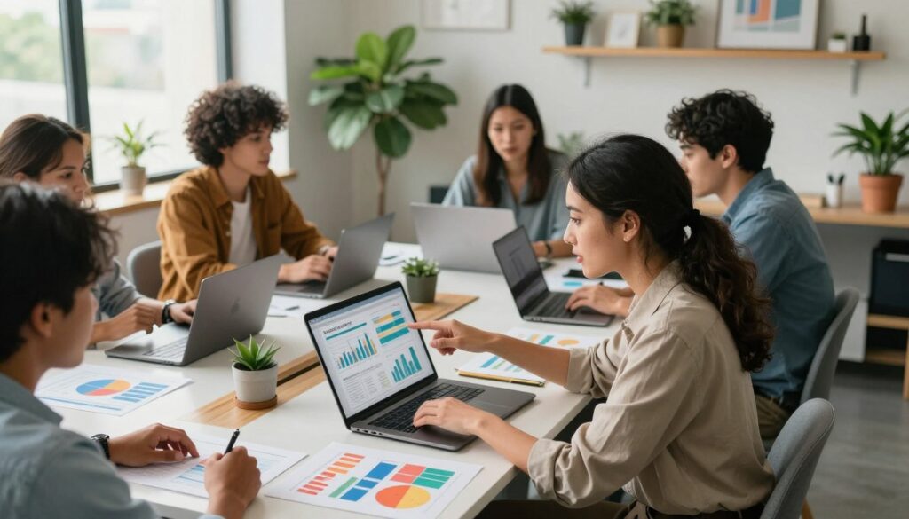 A vibrant and dynamic office setting showcasing a diverse team of professionals collaborating on SaaS affiliate marketing strategies. In the foreground, a confident businesswoman in smart casual attire discusses visuals on a laptop while pointing at graphs on the screen. The middle features a meeting table strewn with colorful charts, laptops, and digital devices, accentuating teamwork. In the background, large windows let in natural light, illuminating the modern workspace filled with green plants and inspirational decor. The atmosphere is focused yet lively, with a sense of innovation and strategy in the air. Use soft, warm lighting to enhance engagement, capturing a sense of productive energy. The angle should be slightly overhead, to show both the teamwork and the digital content on the screens.