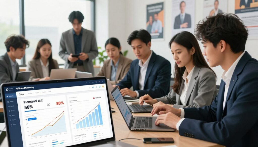 A visually engaging depiction of a recurring commissions structure for an affiliate marketing platform. In the foreground, illustrate a modern digital dashboard with graphs and charts that display commission percentages and growth over time. In the middle, show diverse professionals in business attire analyzing the data together, with expressions of focus and collaboration, surrounded by laptops and tablets. The background includes a bright, airy office space with large windows, natural light streaming in, and motivational posters related to success and teamwork on the walls. Use a shallow depth of field to draw attention to the professionals in the mid-ground, creating a dynamic and energetic atmosphere that encapsulates innovation and collaboration in the SaaS affiliate marketing landscape.