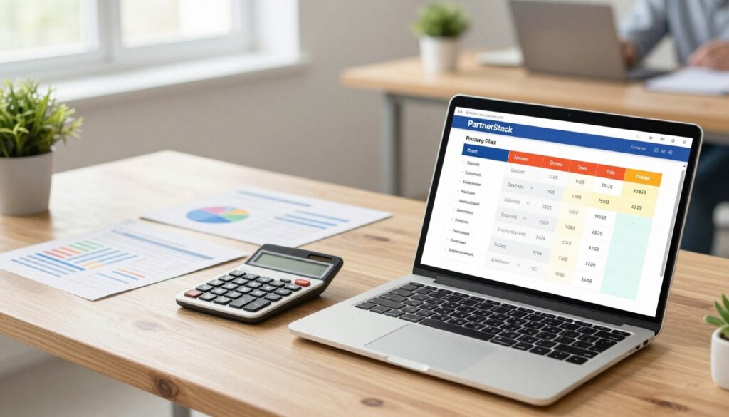 An artistic representation of PartnerStack pricing, featuring a vibrant, modern workspace. In the foreground, an elegant desk setup showcasing a sleek laptop with an open screen displaying a colorful and engaging pricing plan layout. In the middle ground, there are neatly organized documents and a stylish calculator, emphasizing the analytical aspect of pricing. The background features soft-focus elements of a bustling office environment, with subtle details like a potted plant and a light-filled window. Use natural lighting to create a professional yet inviting atmosphere, with warm tones that convey optimism. Capture the image from a slightly elevated angle, enhancing depth, while ensuring a polished, professional look that embodies value and analysis.